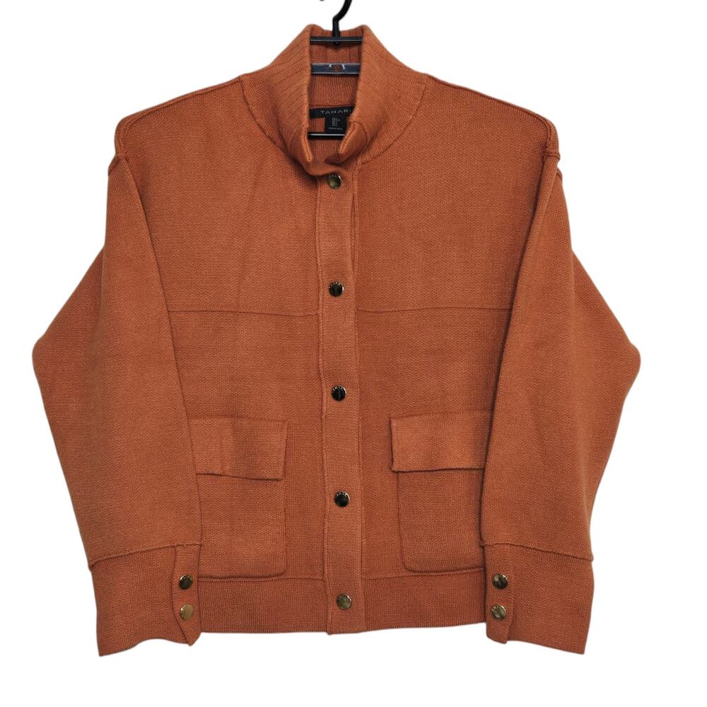 Womens Tahari Knit Jacket Size Large Orange Heavyweight Soft Pockets Coatigan